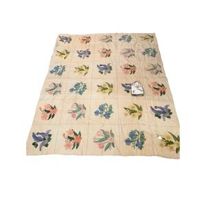 VTG Heirloom Embroidered Quilt Blanket Bedspread Flowers Floral Beige 104x86 In